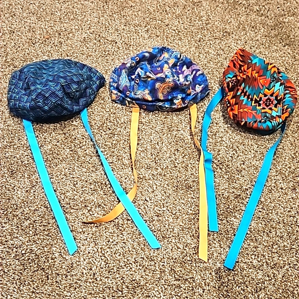 Scrub caps with ponytail room and ribbon tie. Set of 3, various print